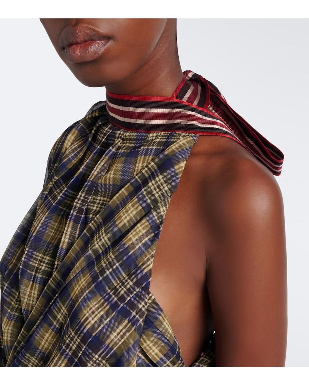 Dries Van Noten Gray Checked Draped One-Shoulder Top