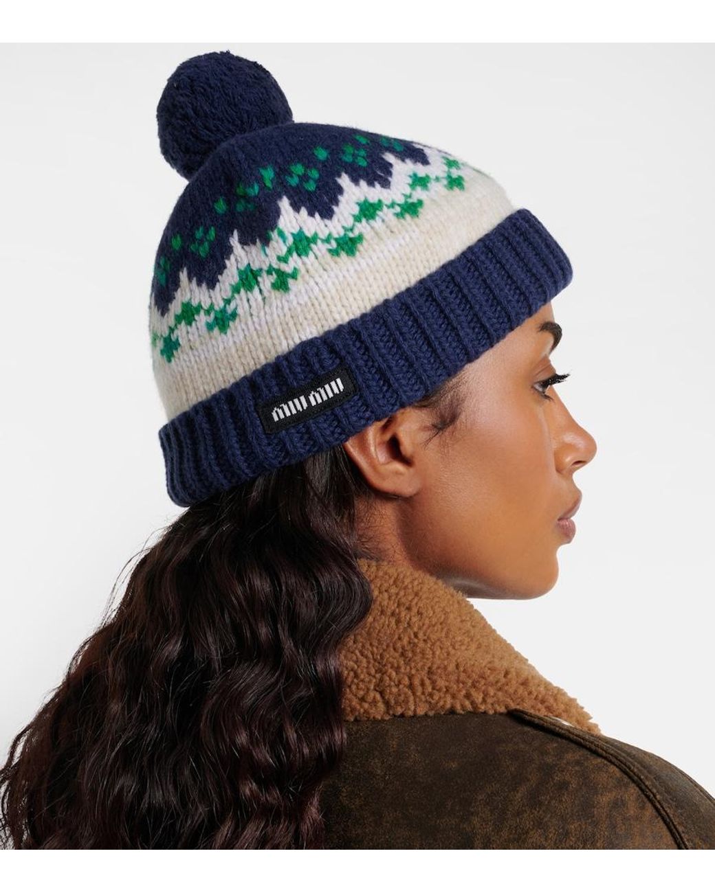 Miu Miu Blue Fair Isle Virgin Wool Beanie
