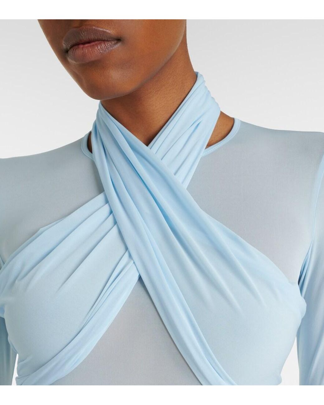Wardrobe NYC Blue Draped Sheer Bodysuit
