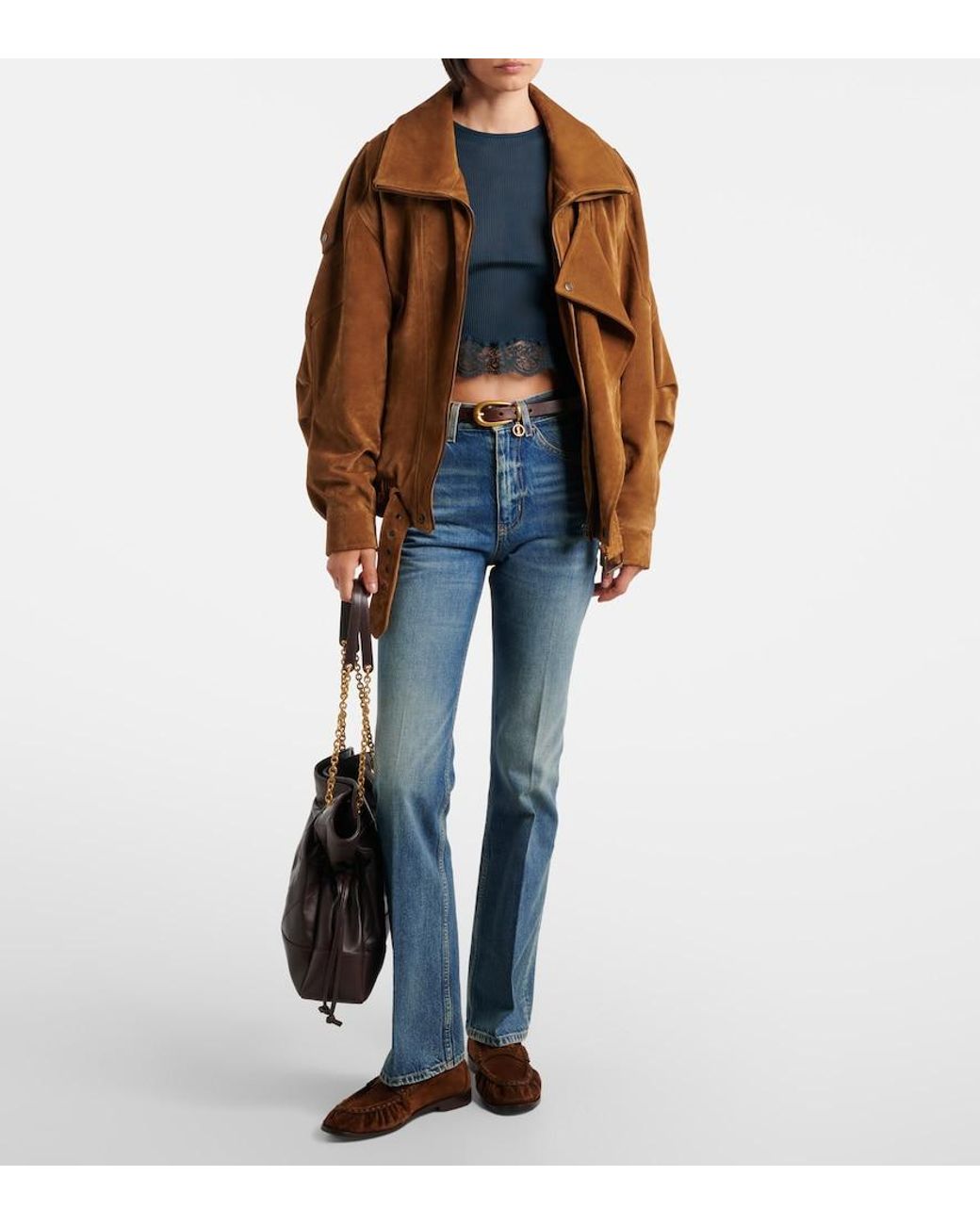 Saint Laurent Blue Lace-Trimmed Cropped Silk T-Shirt