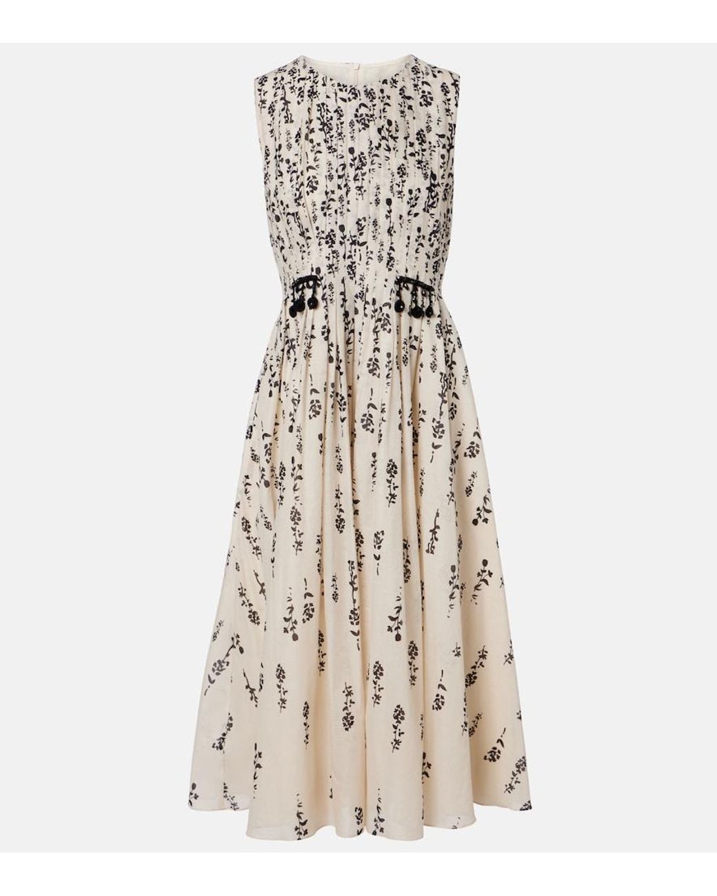 Max Mara Natural Embellished Floral Cotton Voile Midi Dress
