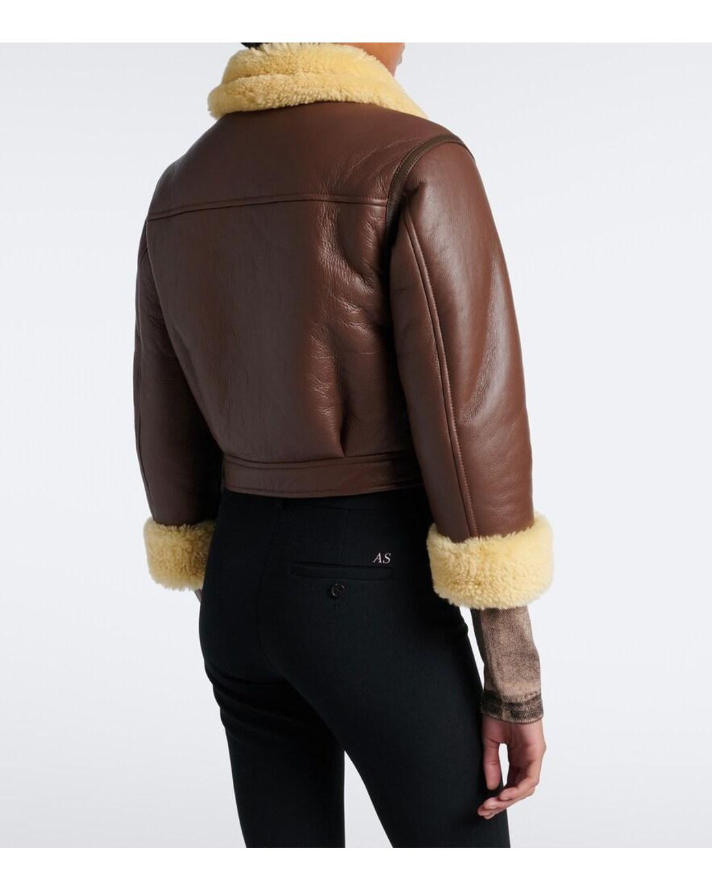 Acne Brown Shearling-Trimmed Leather Biker Jacket
