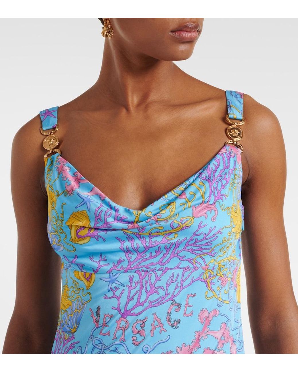 Versace Blue Underwater Barocco Draped Jersey Gown