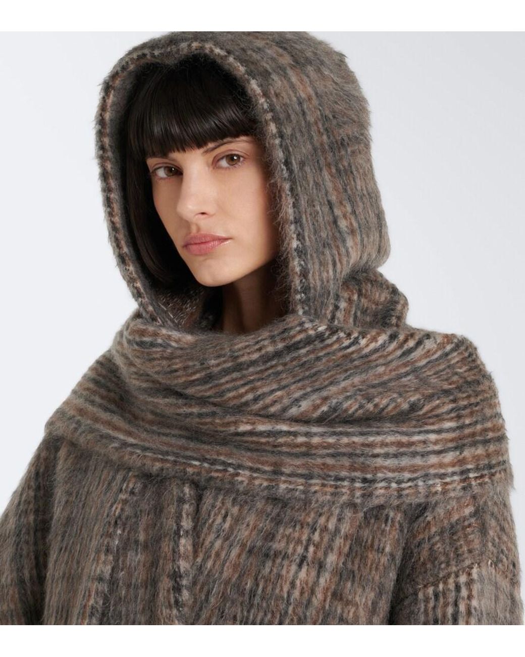 Brunello Cucinelli Brown Checked Scarf-Detail Mohair-Blend Wrap Coat