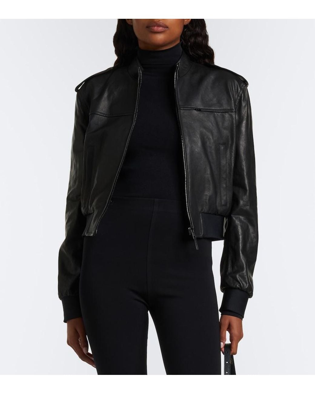 Gucci Black Cropped Leather Bomber Jacket