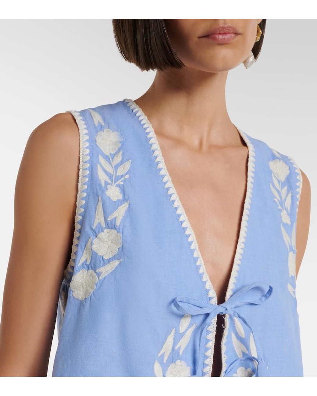 Juliet Dunn Blue Embroidered Cotton Chambray Vest