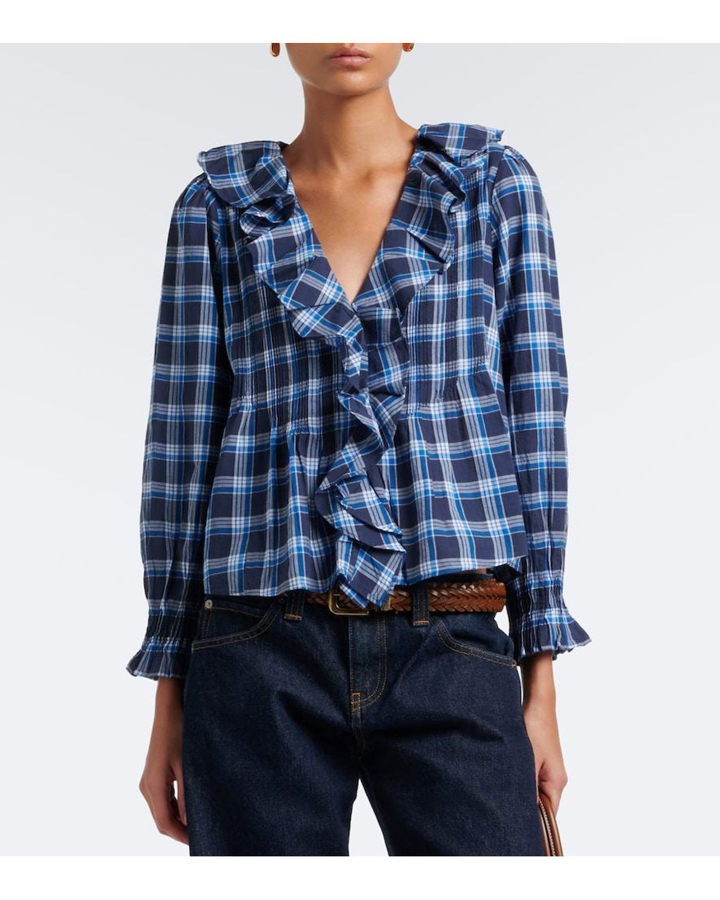 Doen Blue Hardy Plaid Ruffled Cotton Blouse