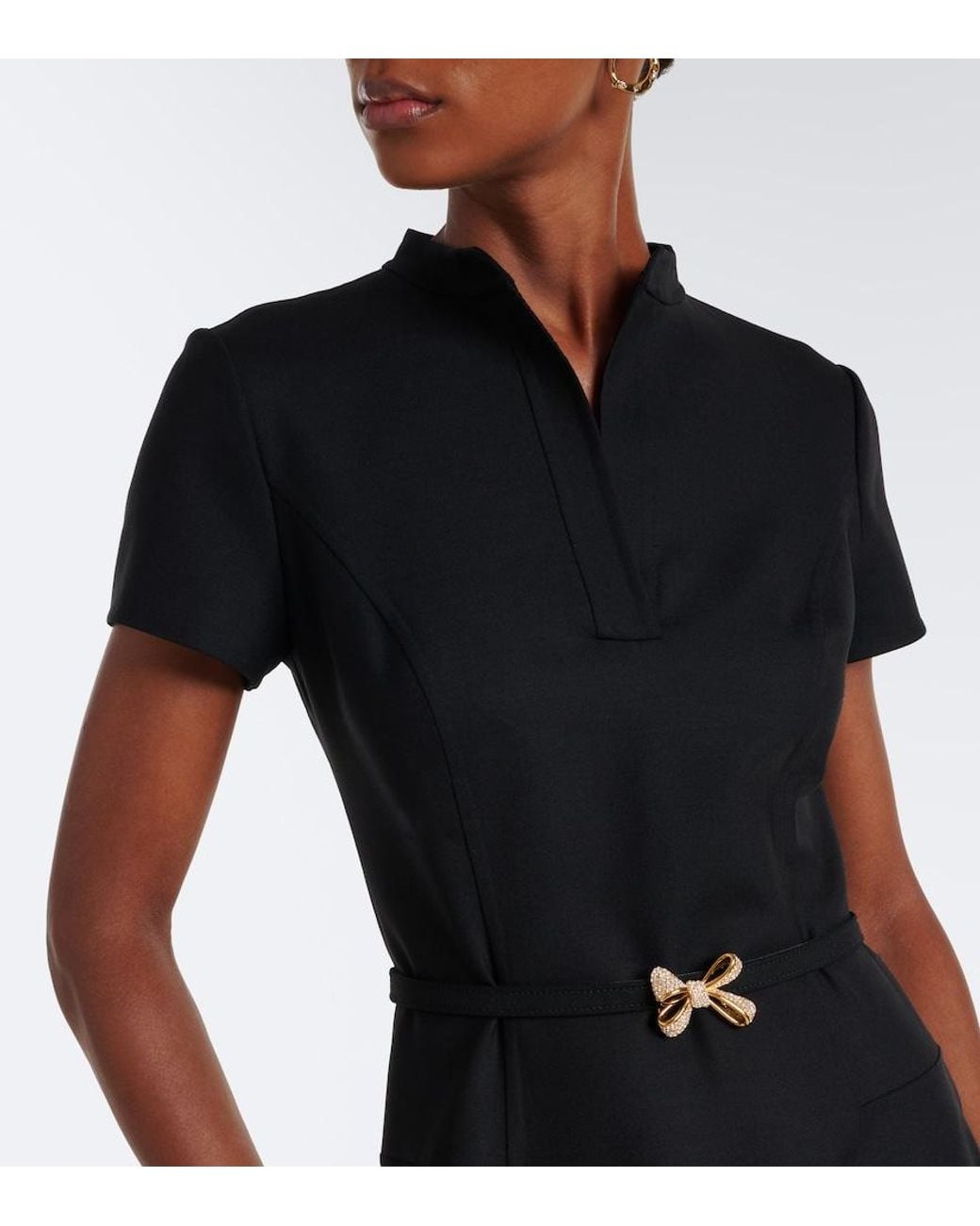 Oscar de la Renta Black Belted Embellished Wool-Blend Midi Dress