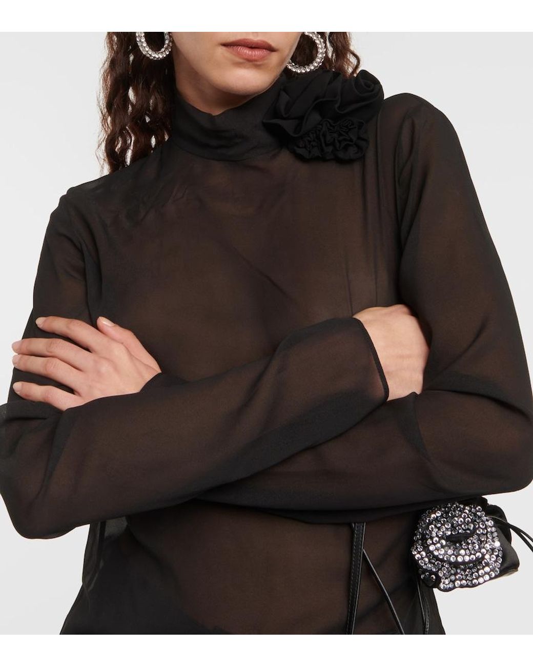 Magda Butrym Black Floral-Applique Sheer Silk Blouse