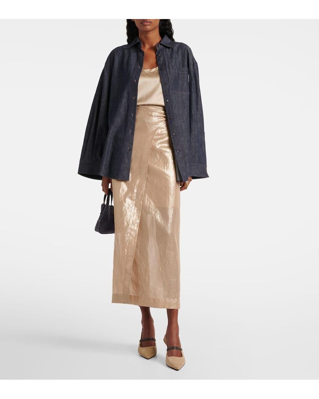 Brunello Cucinelli Coated Cotton Wrap Skirt in Natural