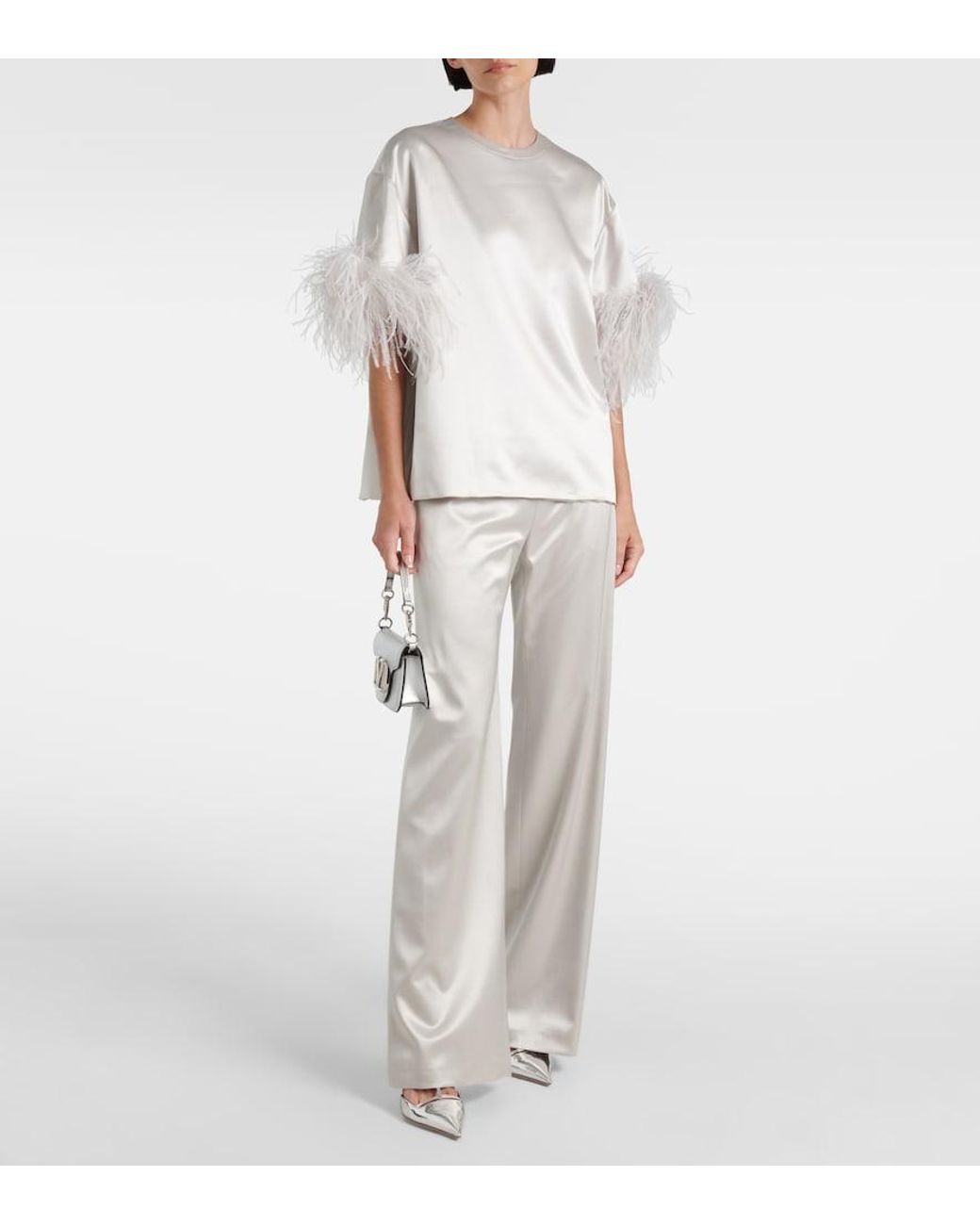 Valentino Garavani White Feather-Trimmed Silk Satin Top