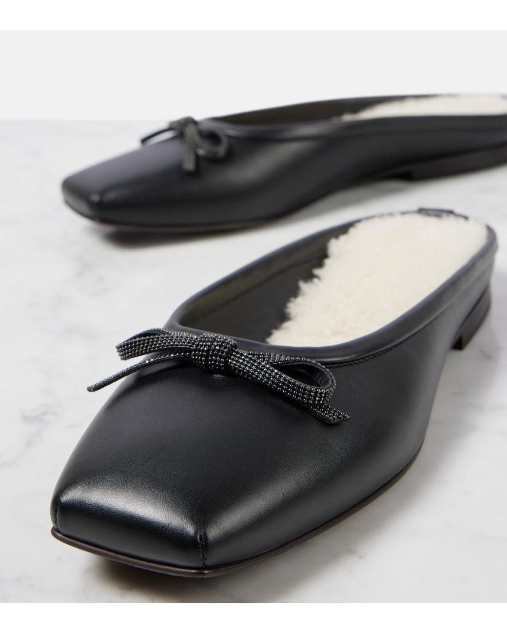 Brunello Cucinelli Black Monili Shearling-Lined Leather Mules
