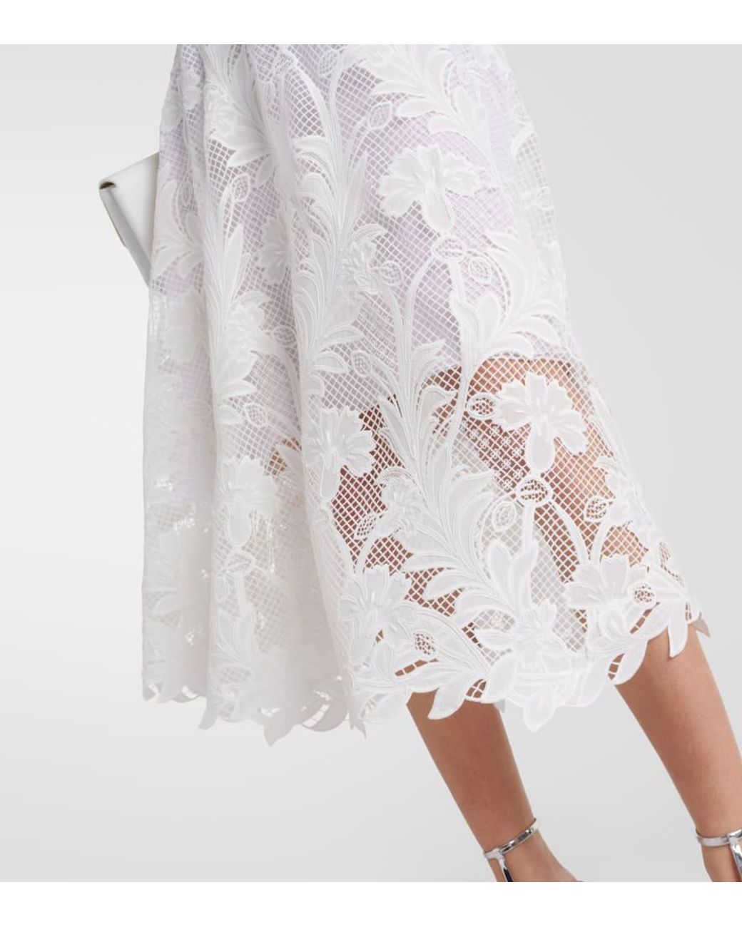 Oscar de la Renta White Floral Guipure Lace Midi Skirt