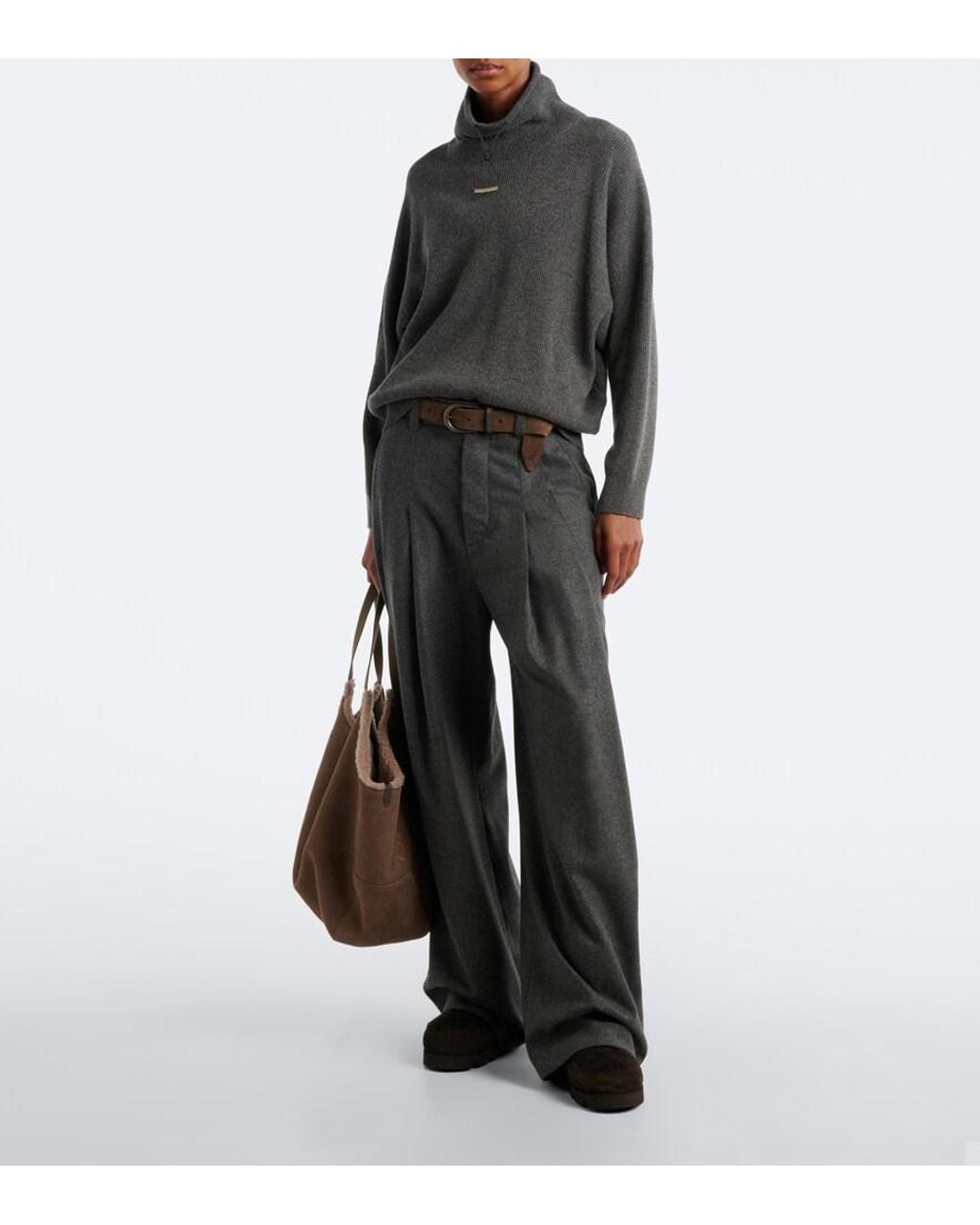 Brunello Cucinelli Gray Wool And Cashmere Wide-Leg Pants