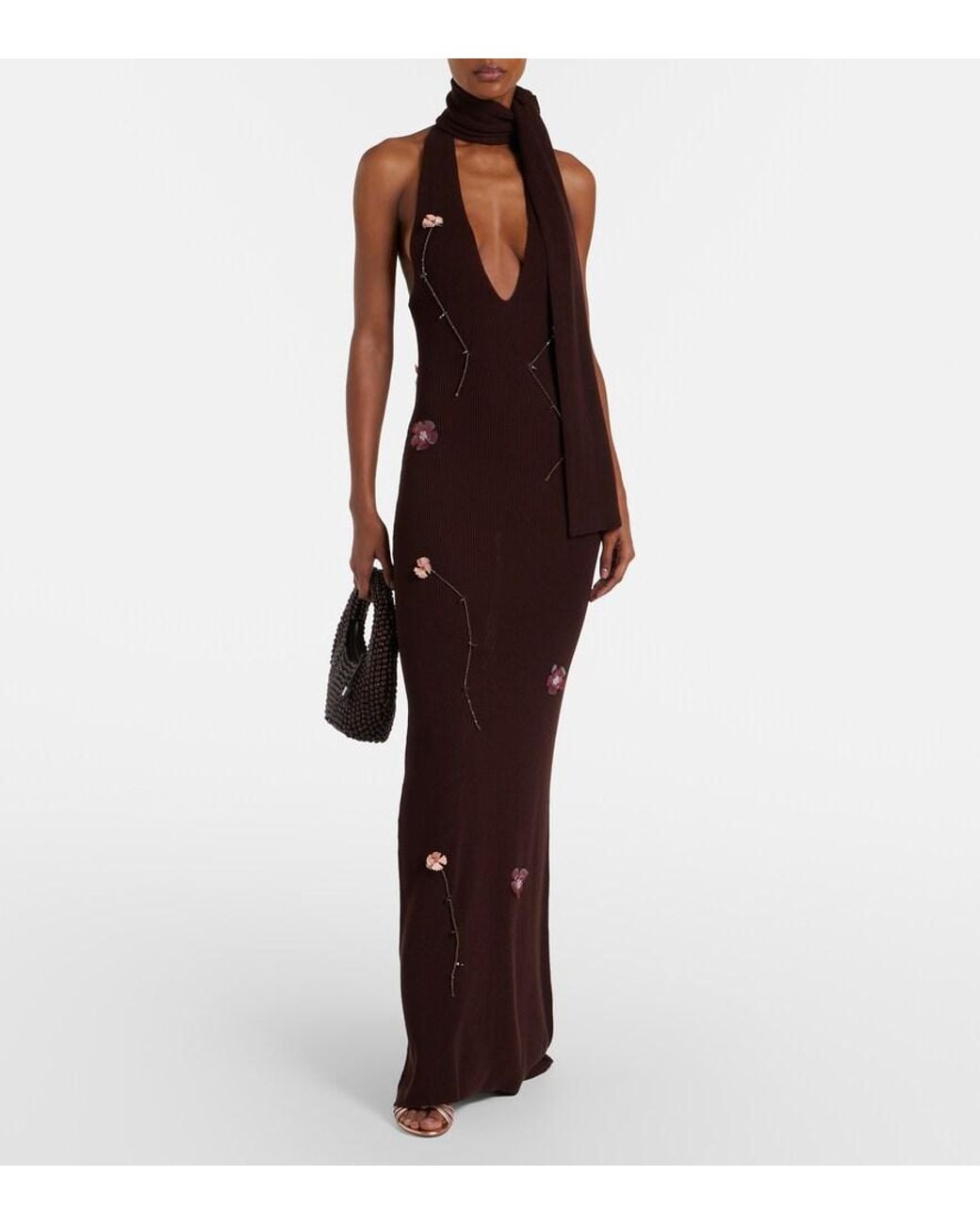 AYA MUSE Purple Stem Floral-Applique Knitted Maxi Dress