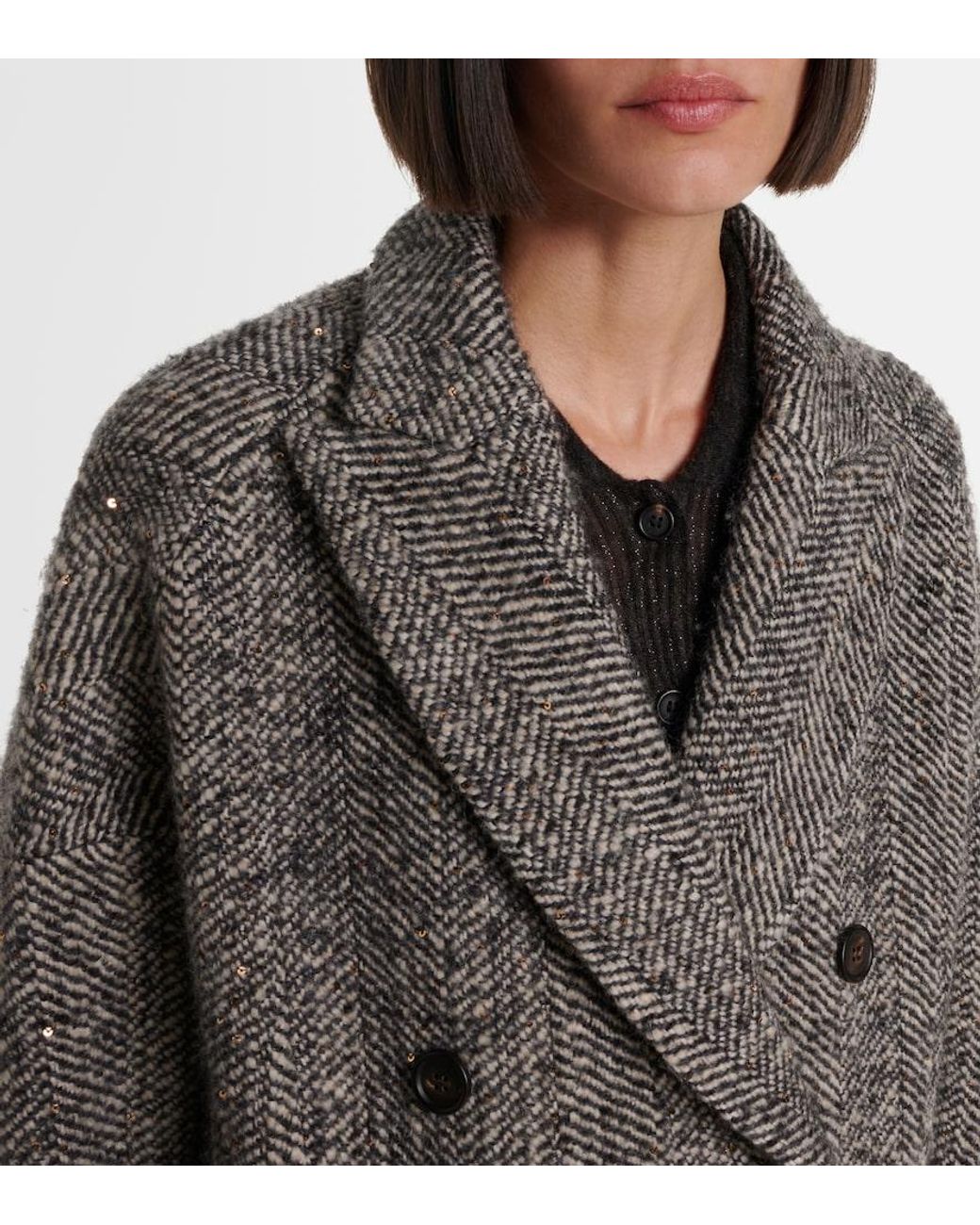 Brunello Cucinelli Gray Herringbone Wool-Blend Coat