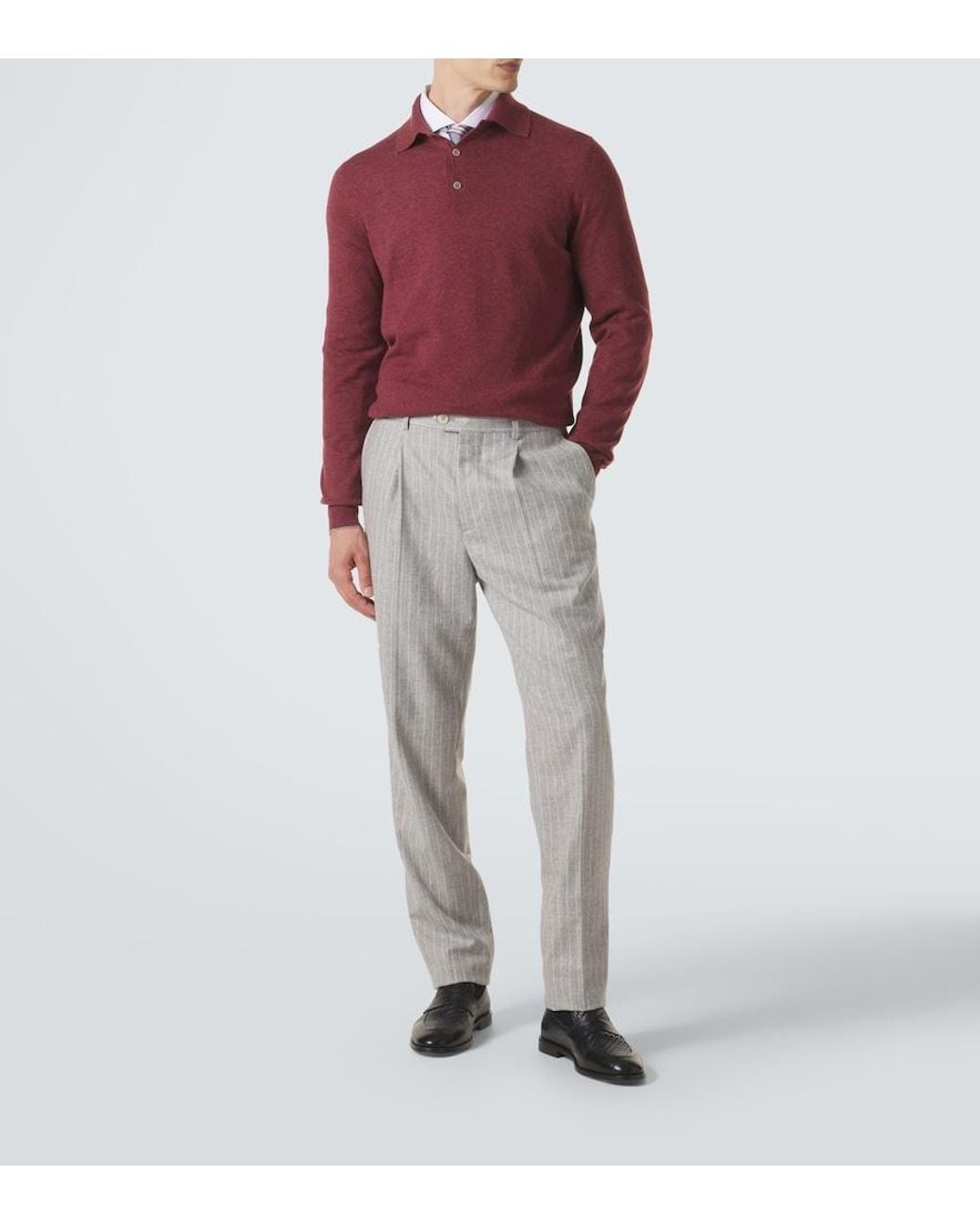 Brunello Cucinelli Gray Pinstripe Wool And Cashmere Tapered Pants for men