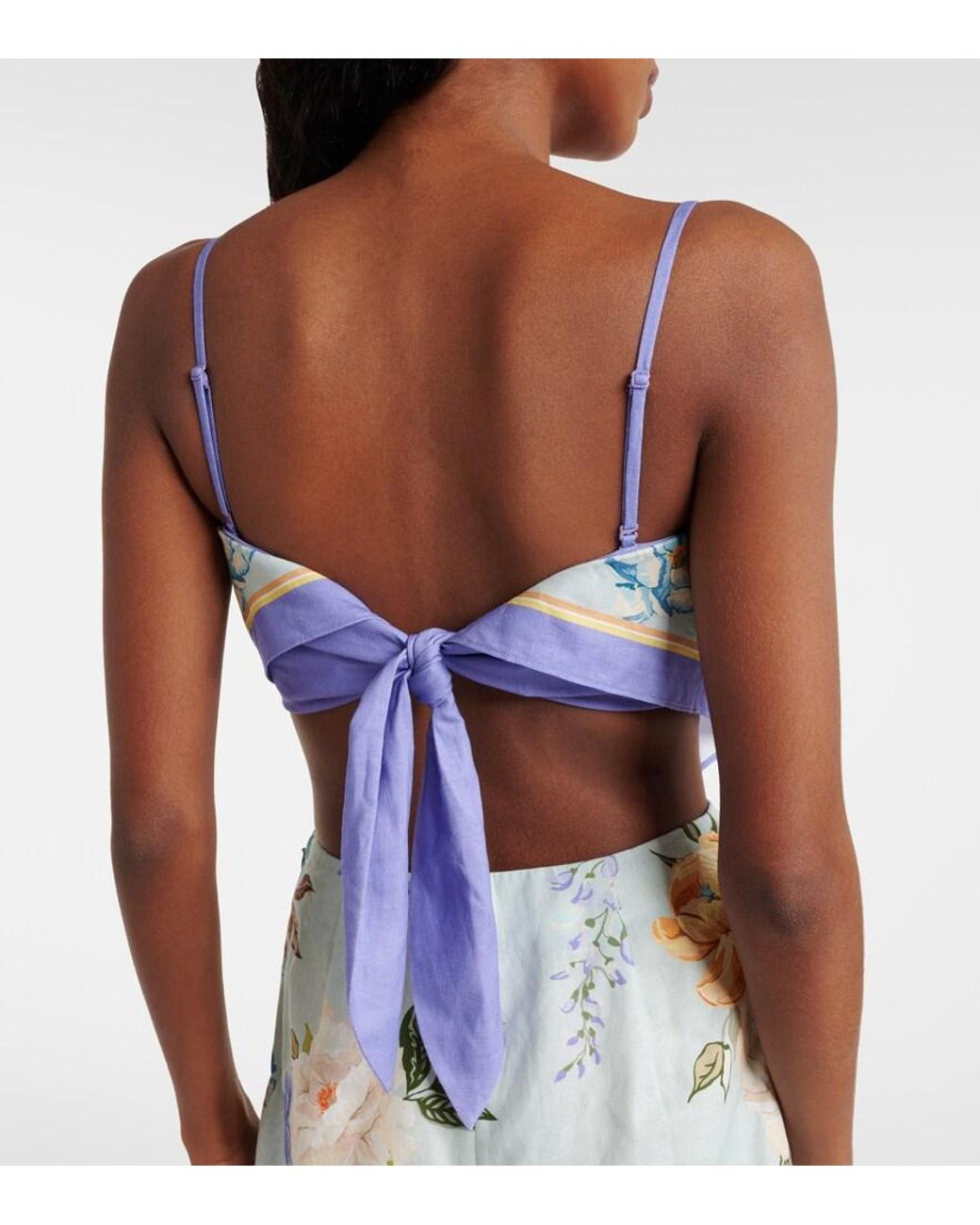 Self-Portrait Blue Floral Linen And Cotton Crop Top