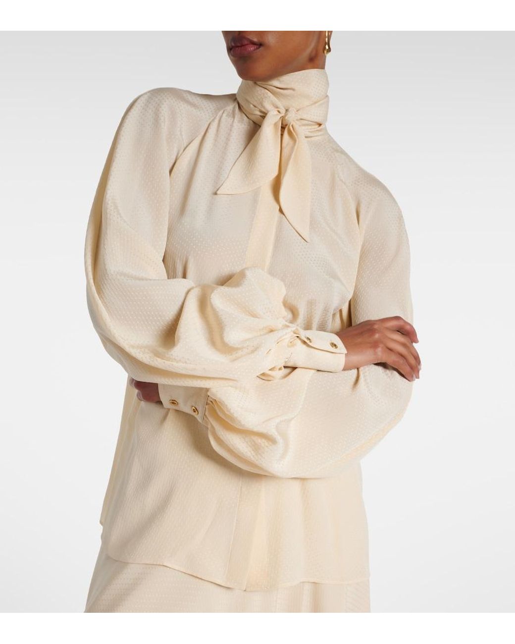 Loro Piana Natural Valmy Tie-Neck Silk Blouse