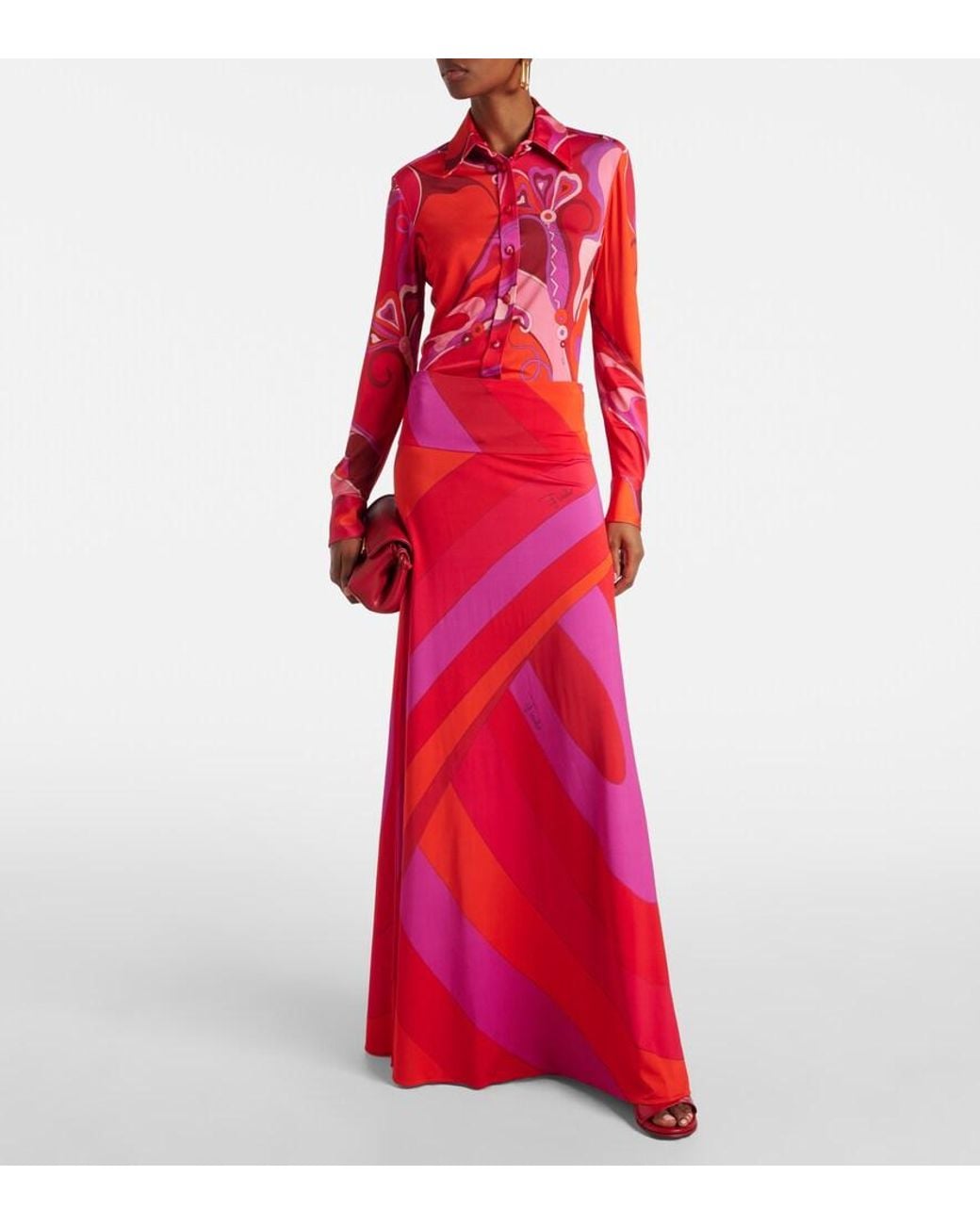 Emilio Pucci Red Printed Jersey Satin Button-Front Blouse