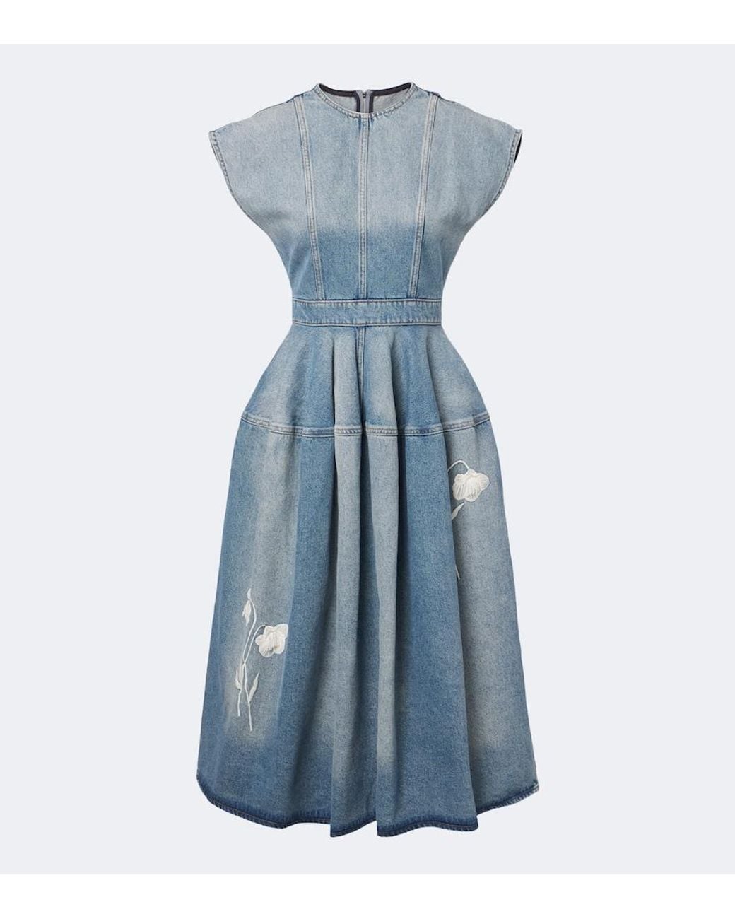 Erdem Blue Floral-Applique Denim Midi Skirt