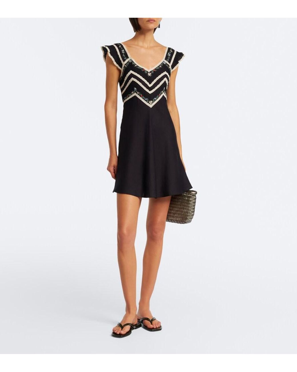 Rixo Black Diaz Embroidered Lace-Trimmed Minidress
