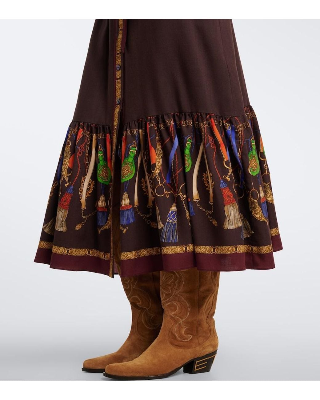 Etro Brown Printed Wool And Silk Twill Shirt Dress