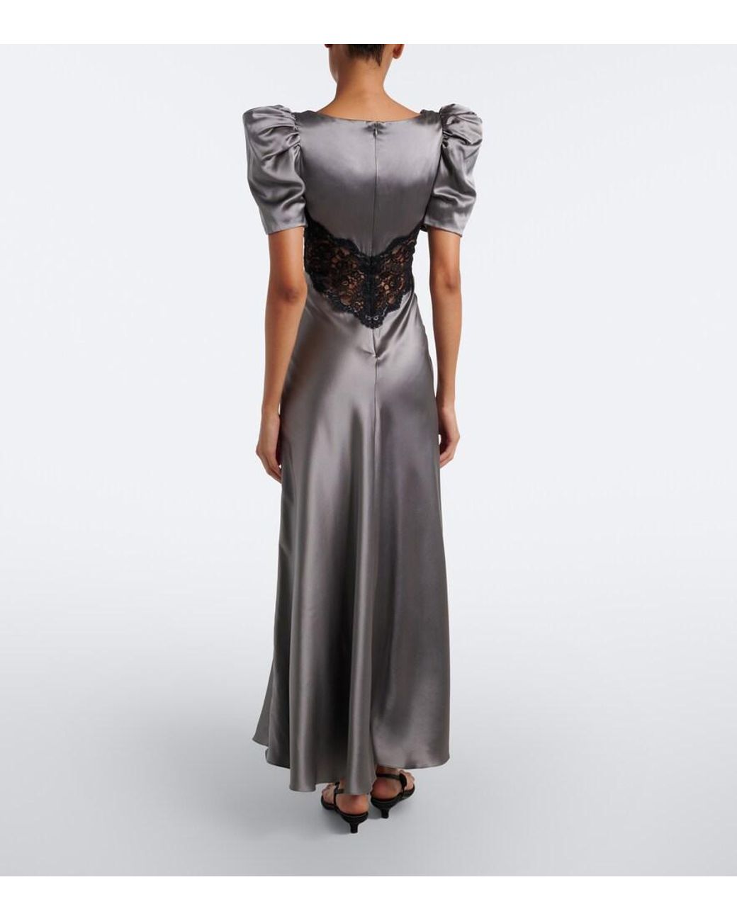 Rodarte Gray Lace-Trimmed Silk Satin Gown