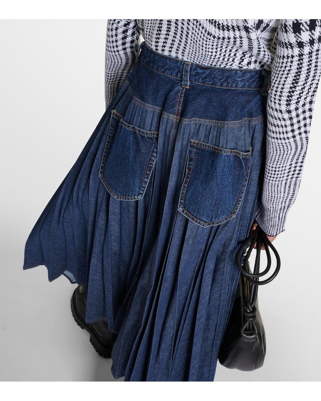 Sacai Pleated Denim Midi Skirt in Blue | Lyst