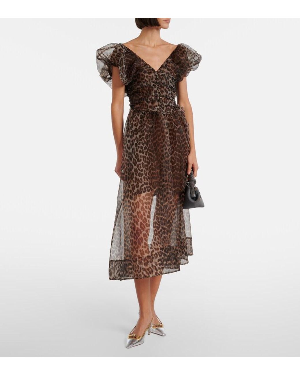 Ganni Brown Leopard-Print Organza Midi Dress
