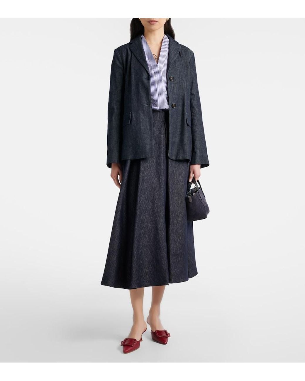 Max Mara Blue Pleated Denim Midi Skirt