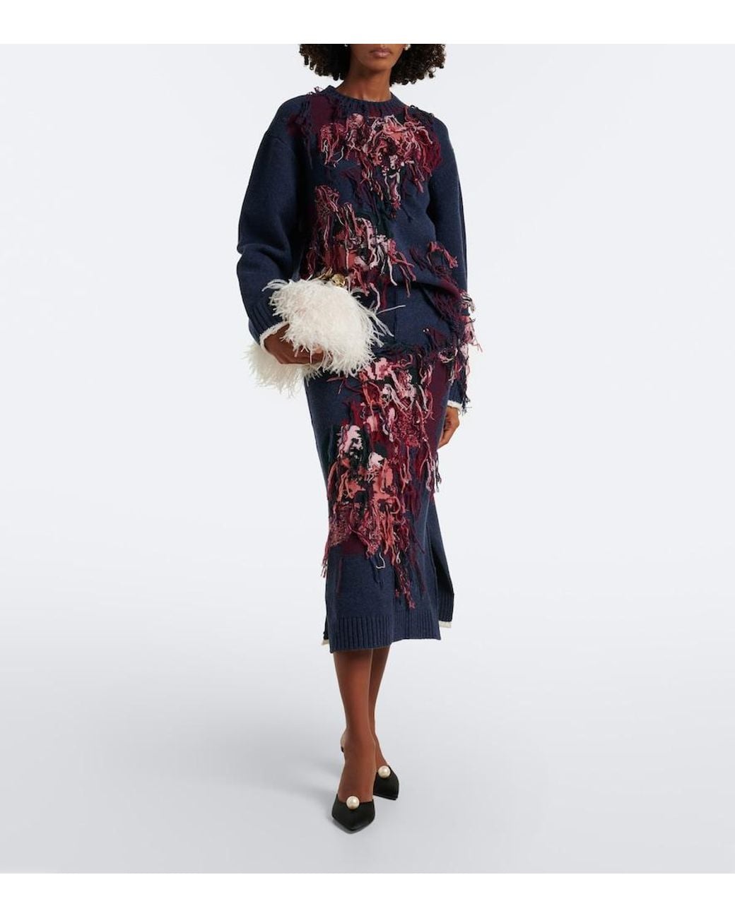 Erdem Blue Fringed Intarsia Wool Midi Skirt