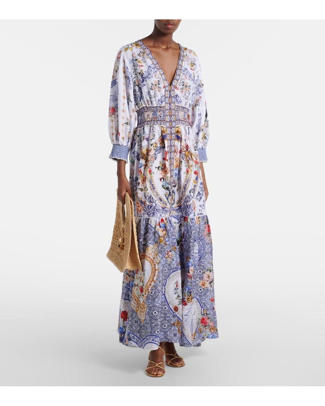 Camilla Blue Printed Linen Maxi Dress