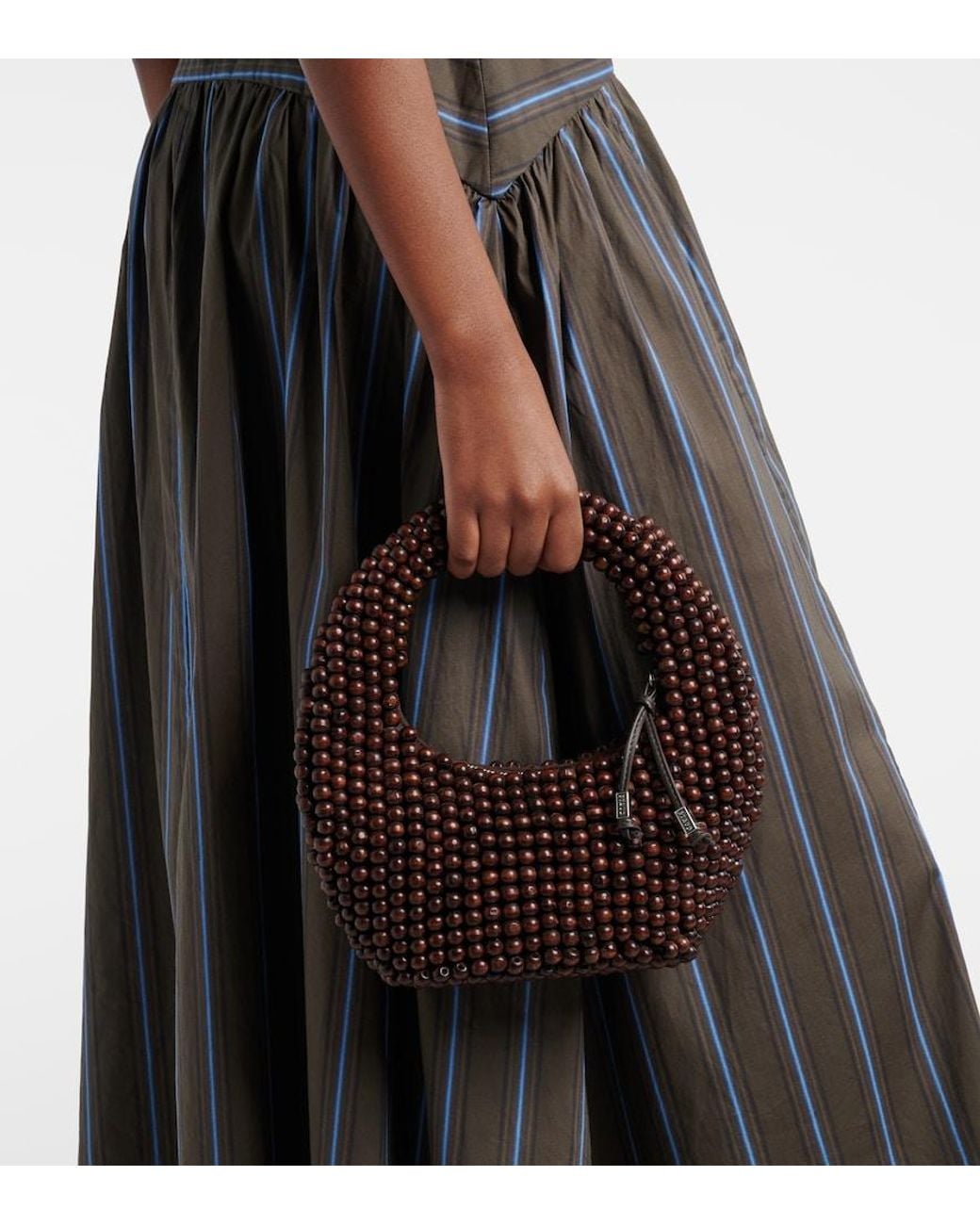 Staud Brown Reef Small Beaded Leather-Trimmed Top-Handle Bag