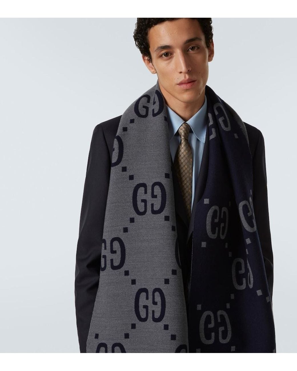 Gucci Gray Gg Jacquard Wool-Silk Scarf for men