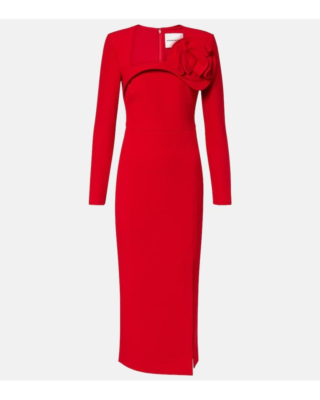 Roland Mouret Red Floral-Applique Crepe Midi Dress