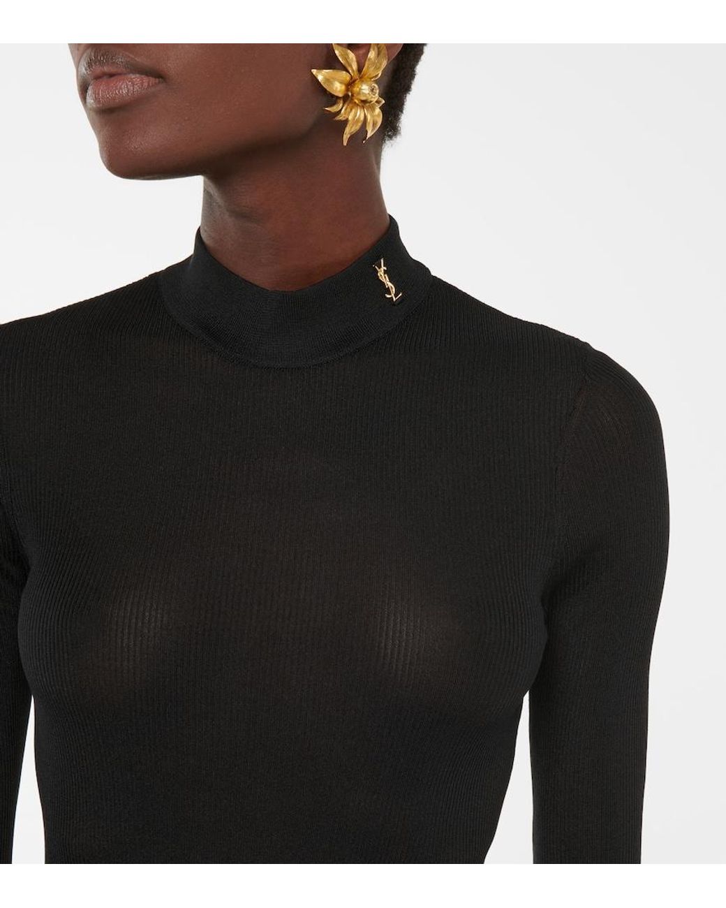 Saint Laurent Black Monogram Silk Mockneck Top