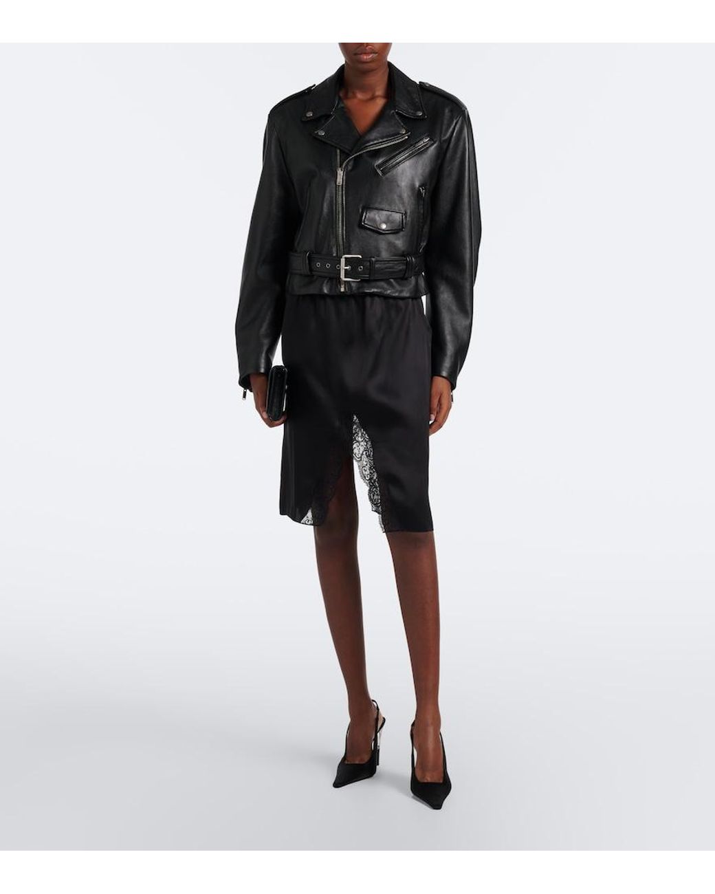 Saint Laurent Black Lace-Trimmed Silk Satin Slip Skirt