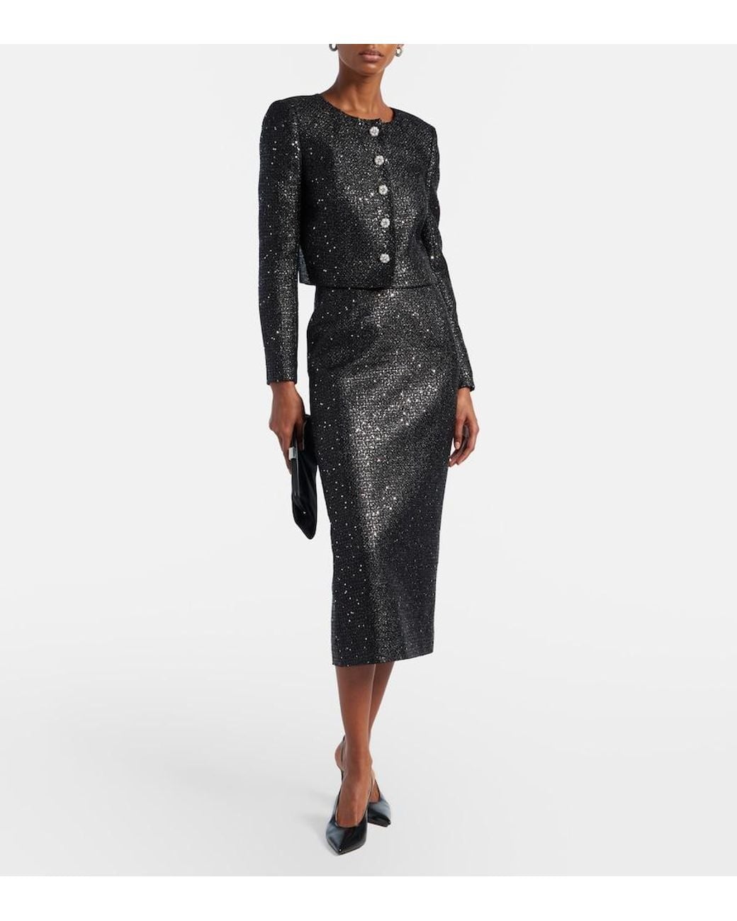 Carolina Herrera Black Sequined Lame Tweed Pencil Skirt