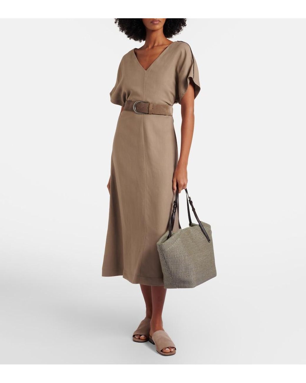 Brunello Cucinelli Gray Leather-Trimmed Raffia Tote Bag