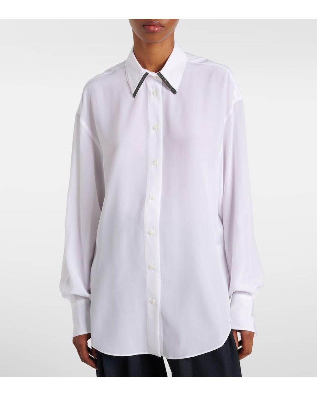 Brunello Cucinelli White Monili Silk Satin Shirt