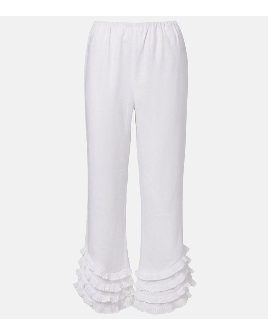 Posse White Florence Ruffled Linen Wide-Leg Pants