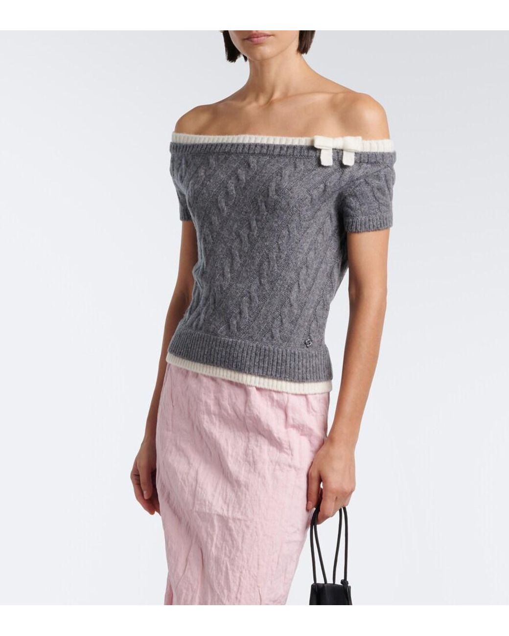ShuShu/Tong Gray Cable-Knit Off-Shoulder Wool-Blend Sweater