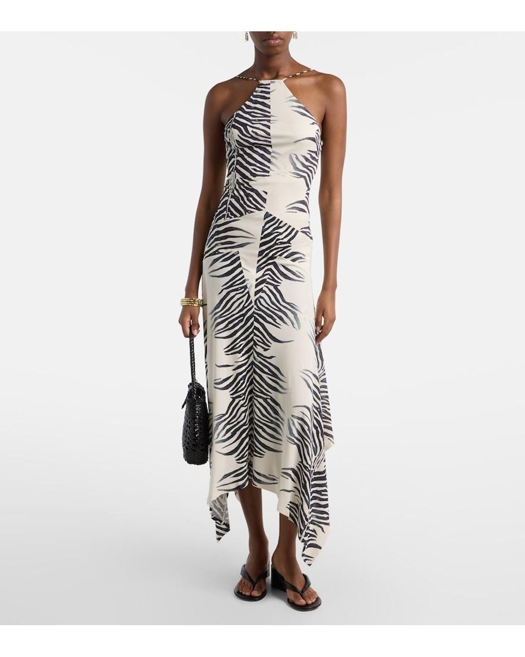 De La Vali Metallic Artemis Asymmetric Zebra-Print Gown