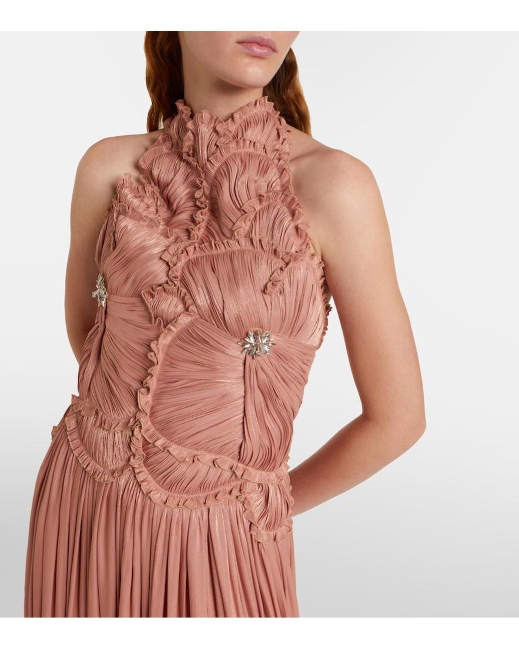 Costarellos Pink Embellished Ruched Georgette Gown