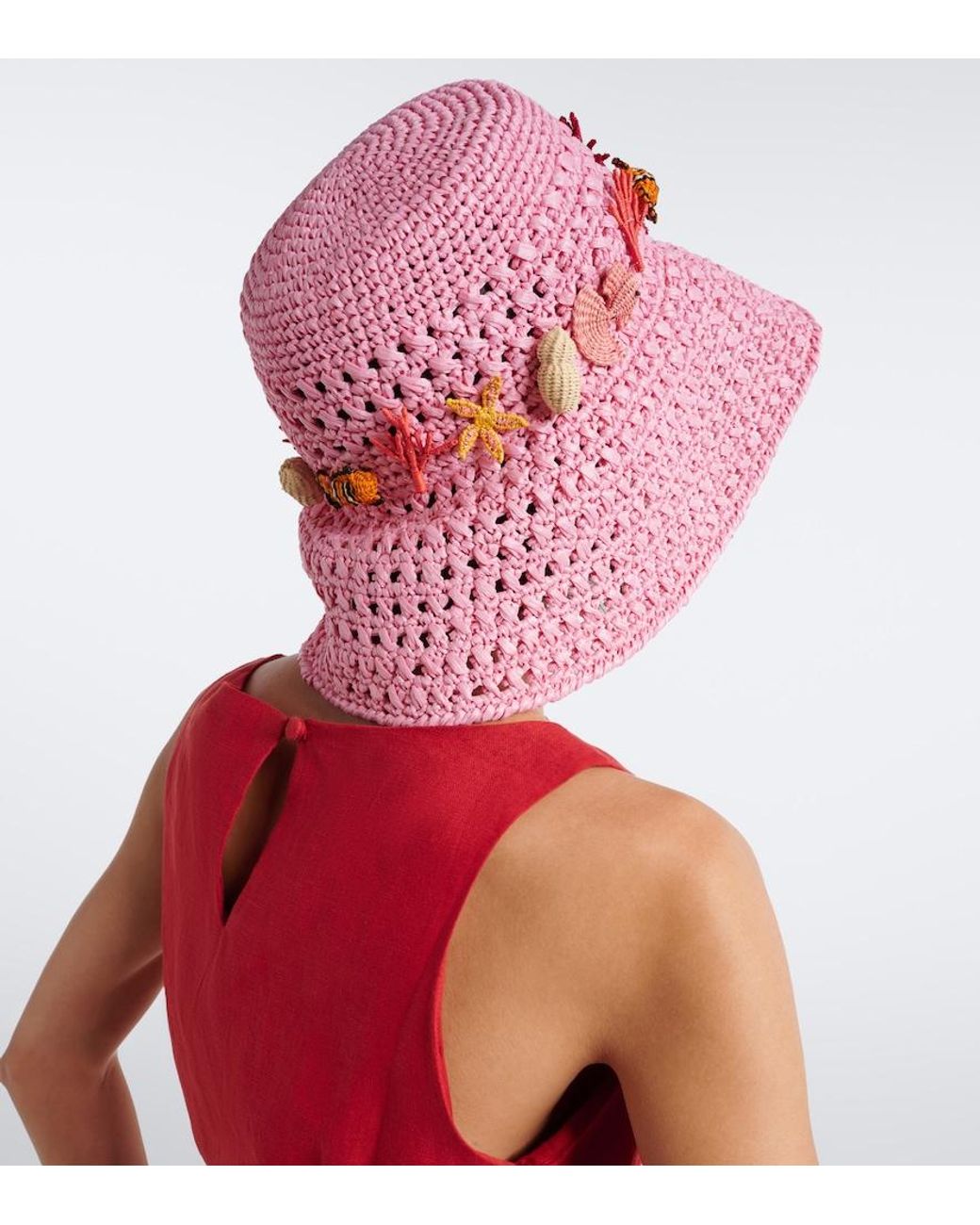 Aquazzura Pink Embellished Crochet Bucket Hat
