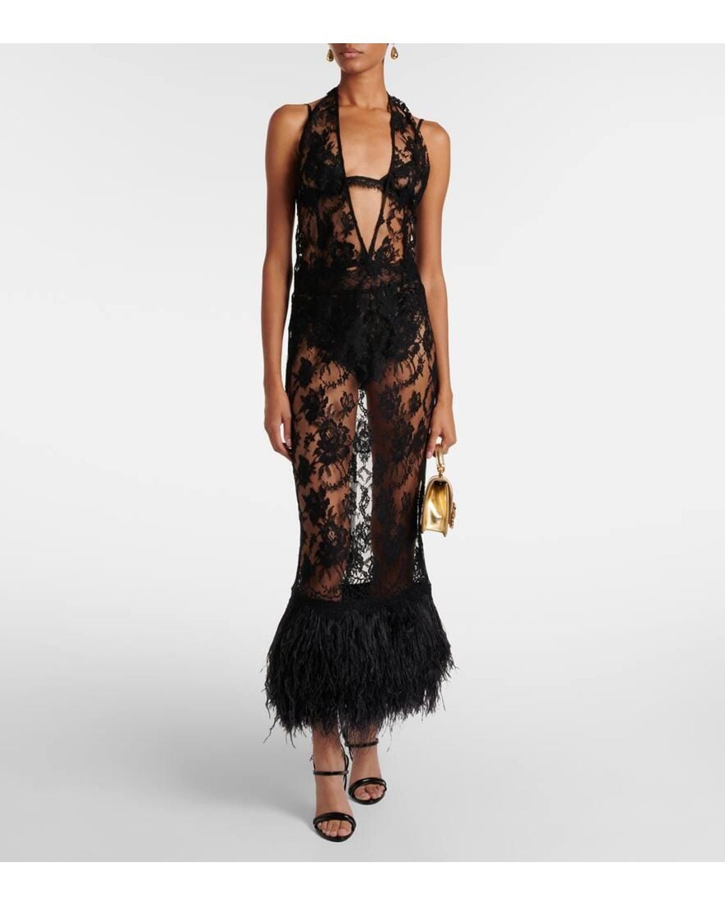 Dolce & Gabbana Black Cotton-Blend Lace Feather-Trim Maxi Dress