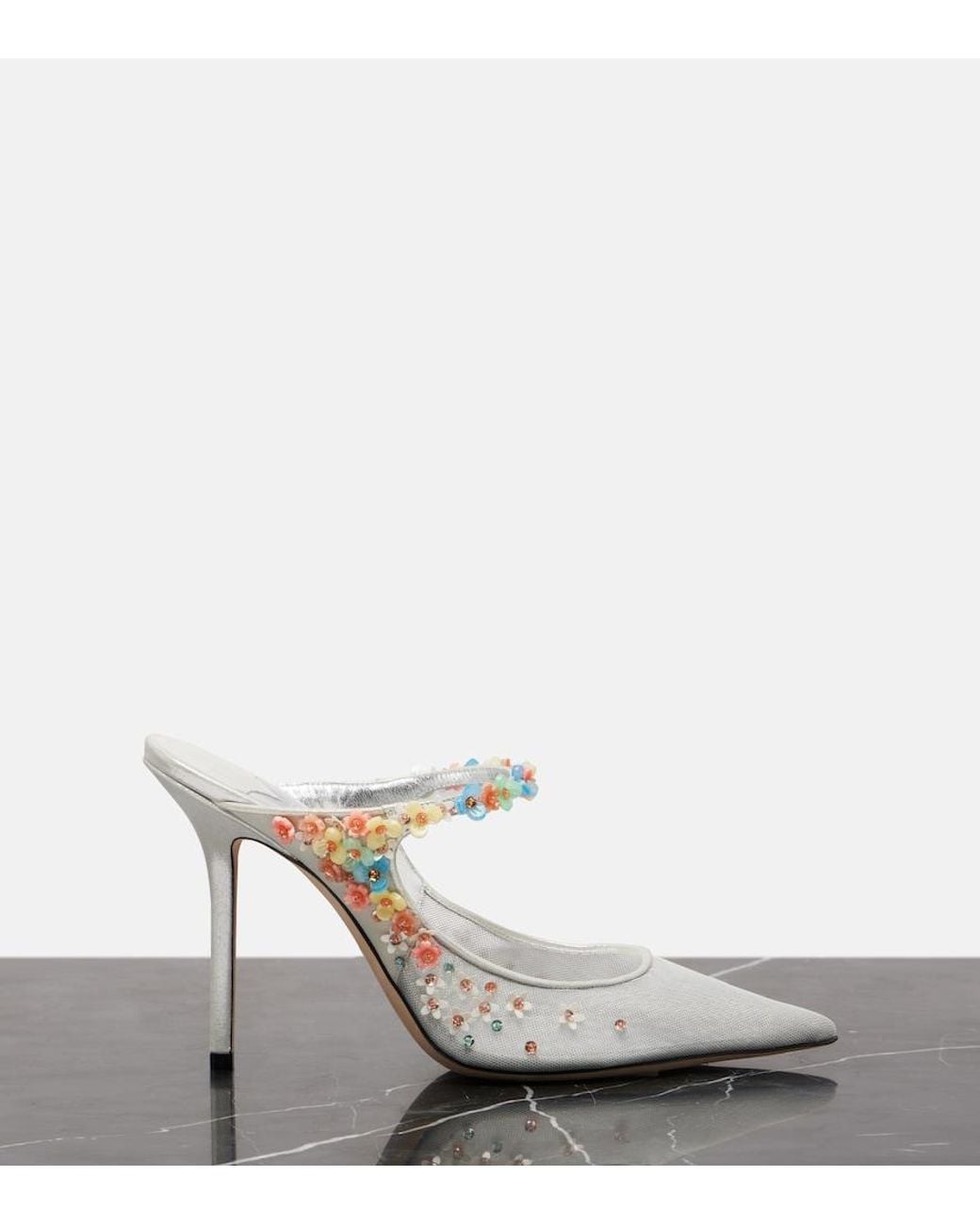 Jimmy Choo White Bing Daisy 100 Embellished Mesh Mules