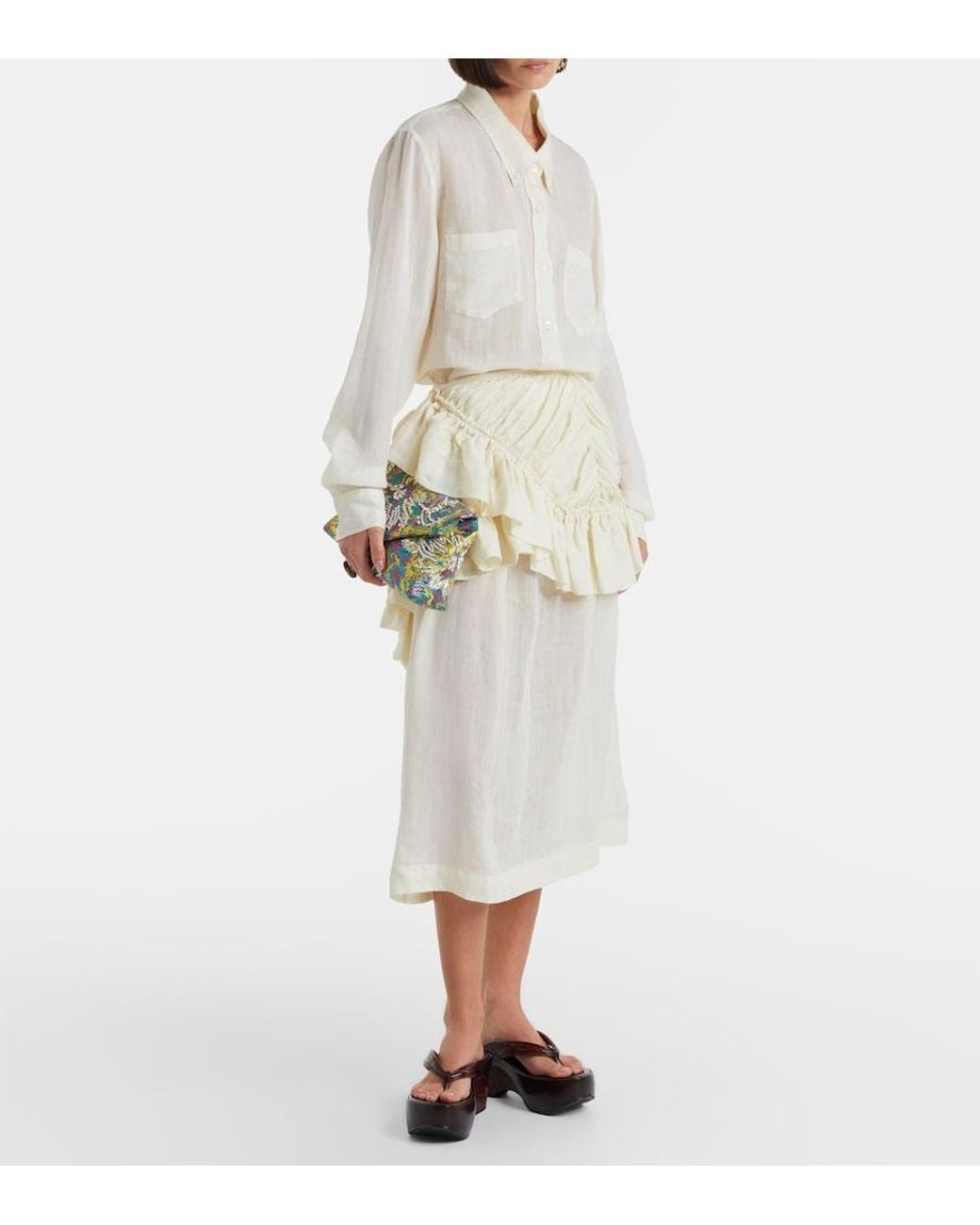 Dries Van Noten Natural Ruffled Ramie Midi Skirt