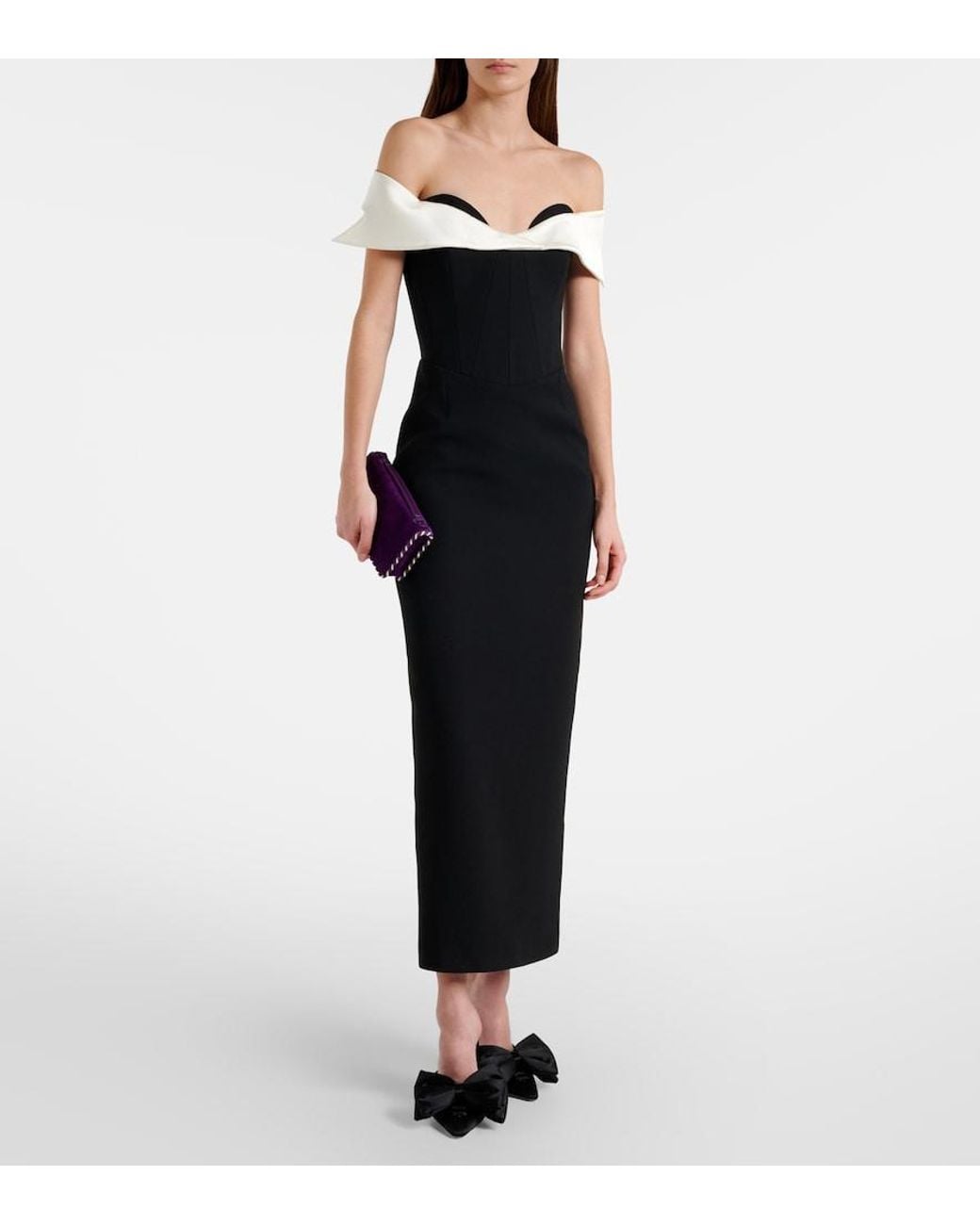 The New Arrivals Ilkyaz Ozel Black Jacqueline Off-Shoulder Midi Dress
